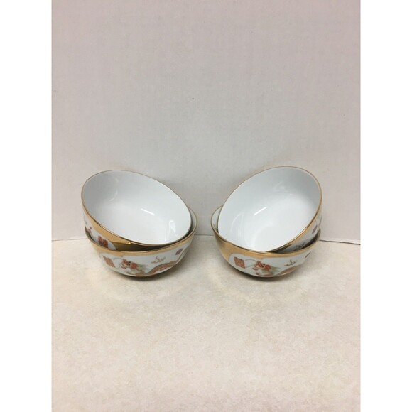 CHINESE  VINTAGE  4  RICE BOWLS GOLD TRIM RED DRAGON & PHOENIX 4 1/2" H MARKED - Picture 4 of 7